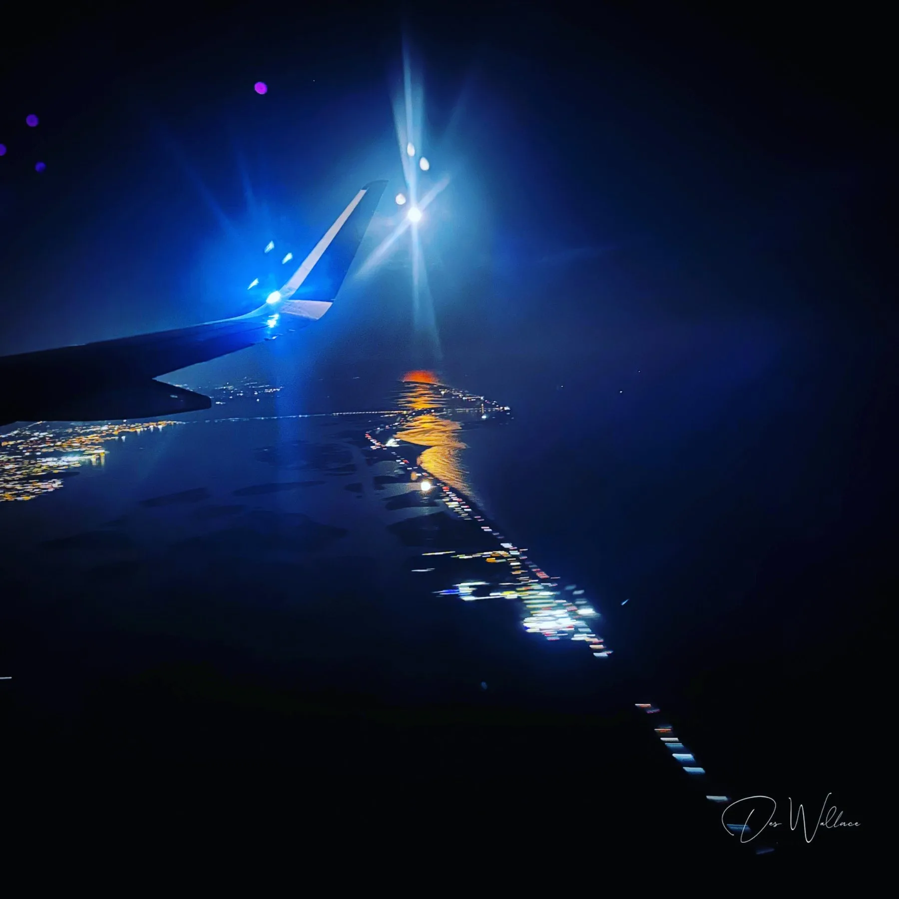 Airplane wing at night