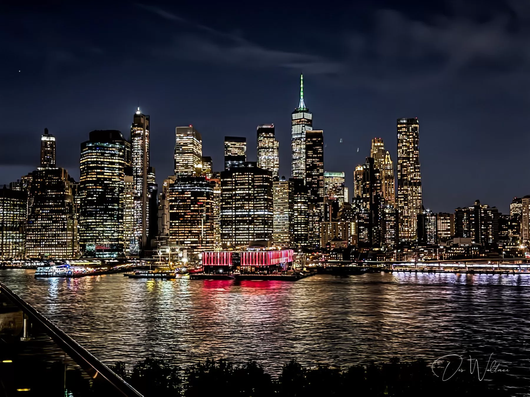 NYC skyline from waterfront at night